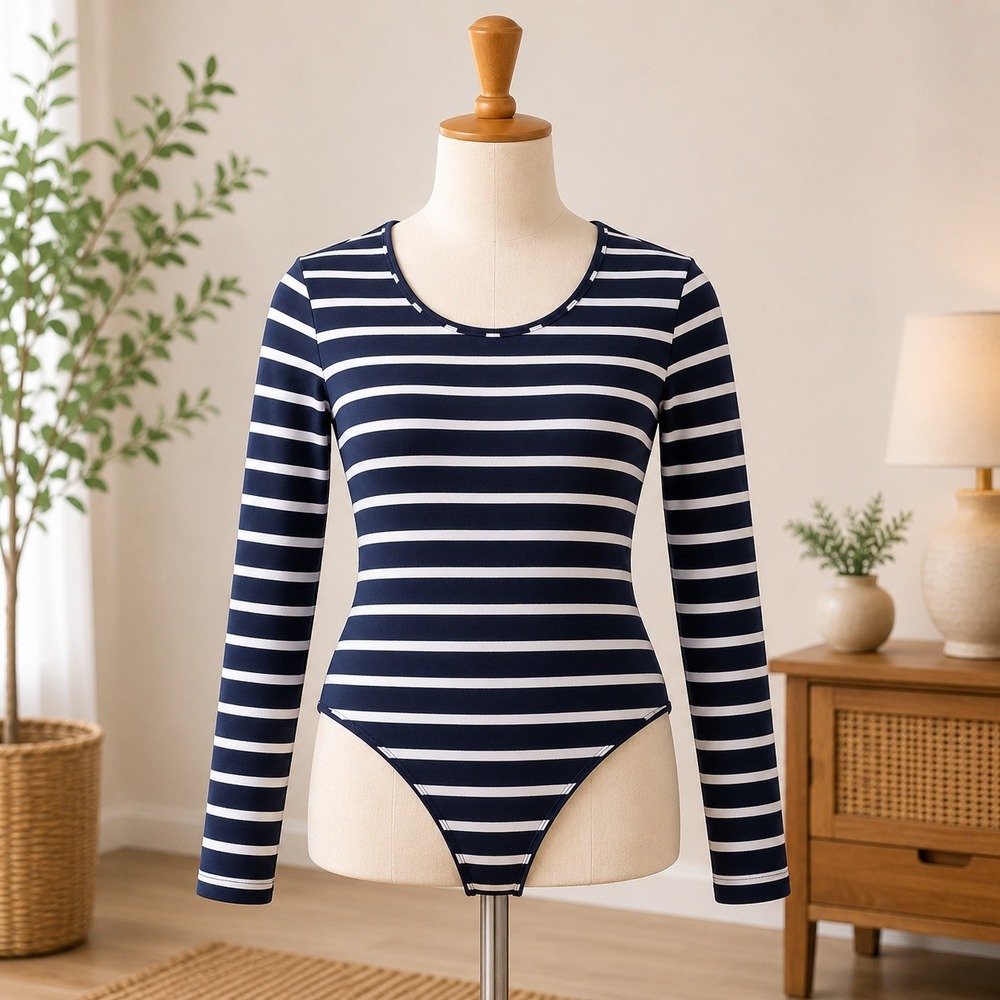 NWT Cupshe Bodysuit Womens Large Navy Blue White Striped Long Sleeve Scoop Neck
